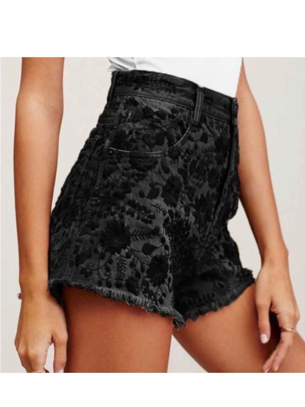 Free People Etienne Fields Embroidered High-Rise Floral Textured Shorts